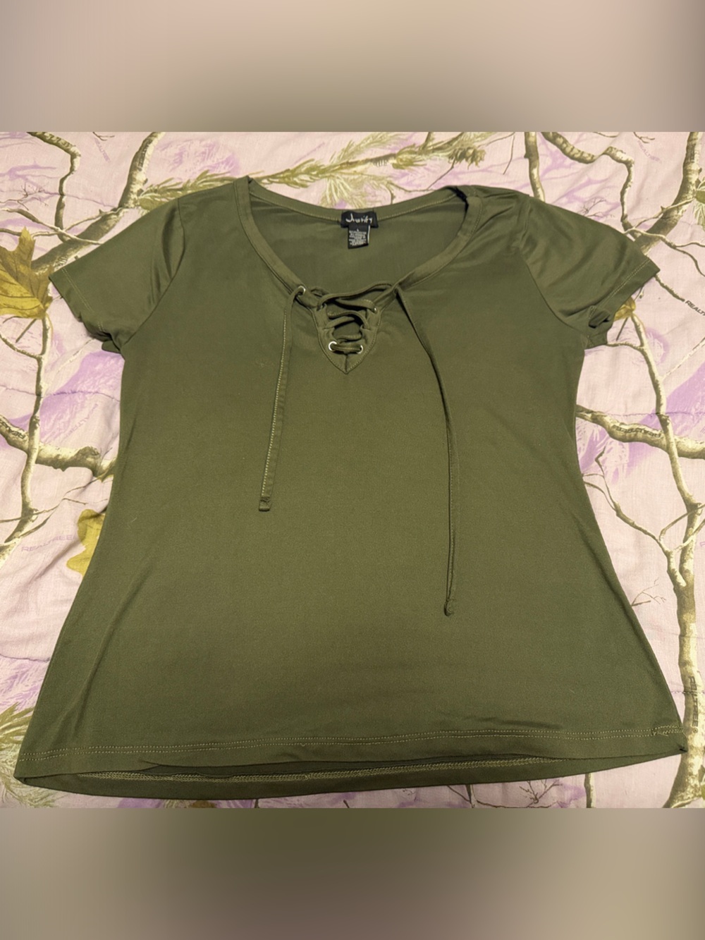 Justify Olive Green Lace-Up Short Sleeve Top